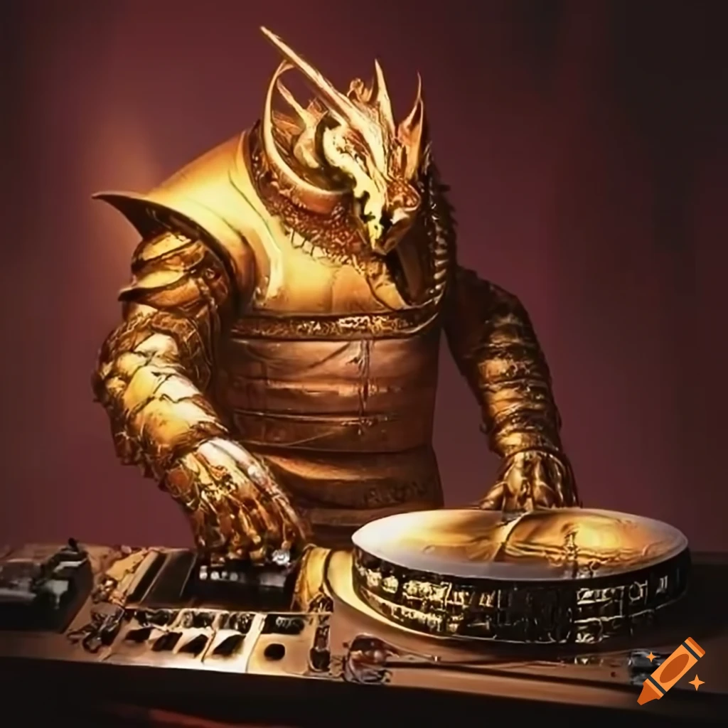 brass dragonborn DJ at a party