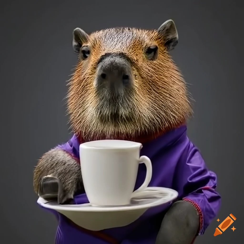 capybara in a tracksuit drinking coffee