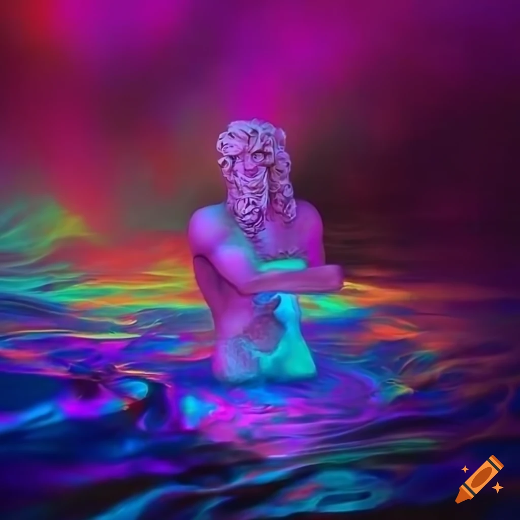 artistic depiction of Zeus on an iridescent lake