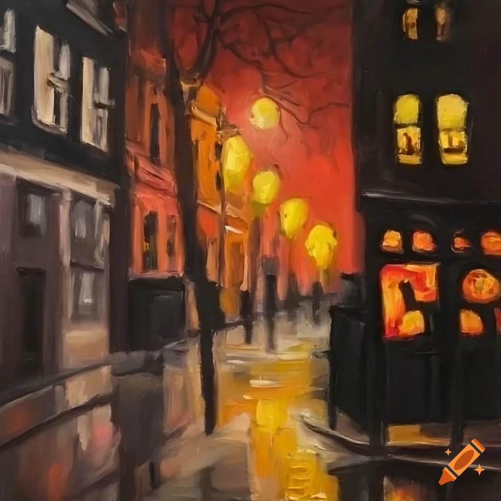 Moody oil painting of jackolanterns on a london street on Craiyon