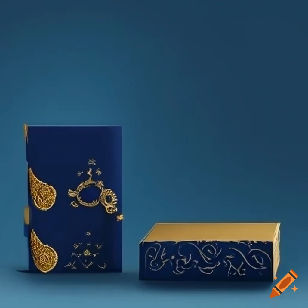Elegant gold cardboard packaging with dark blue designs
