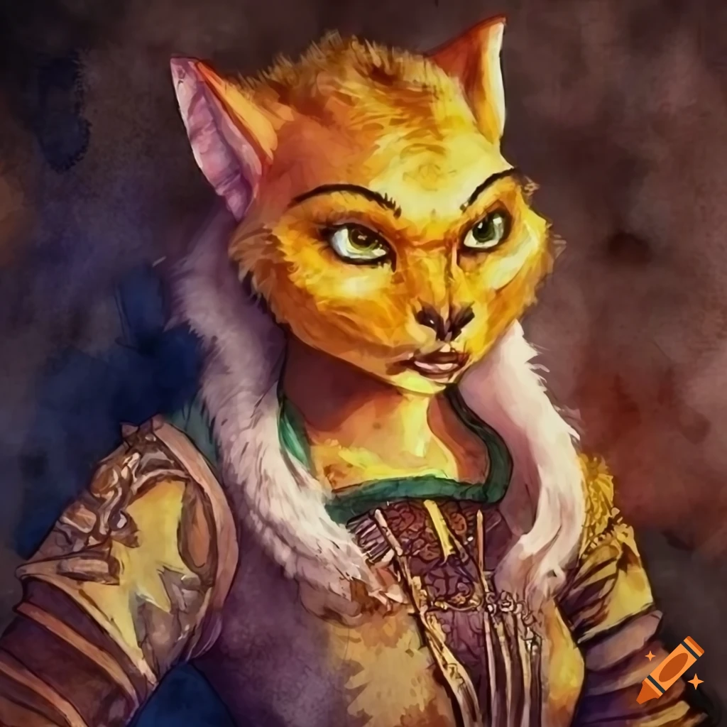 Portrait of a golden-furred tabaxi in medieval attire