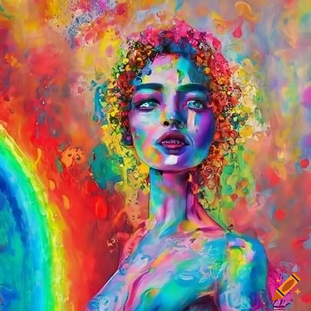 Colorful painting of a woman surrounded by a rainbow