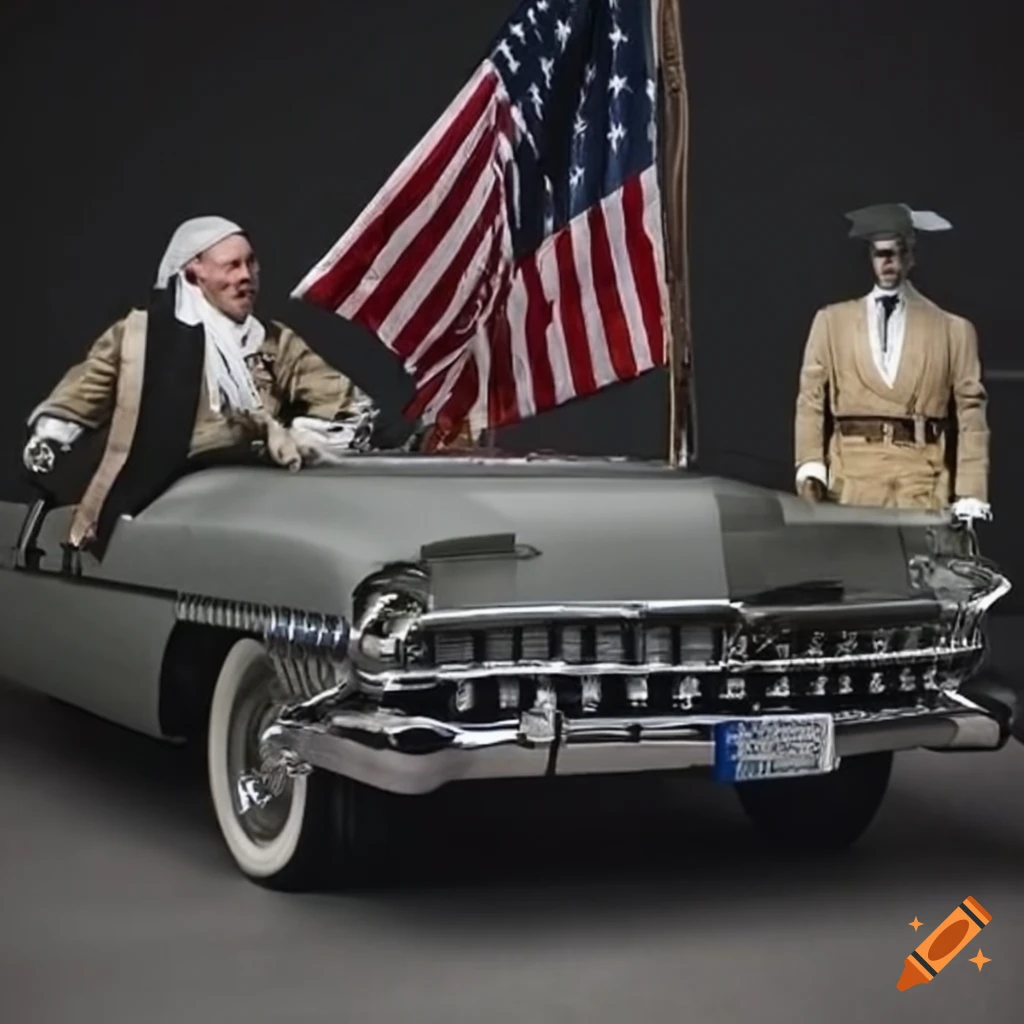 depiction of a brave John Adams on an American car heading into battle