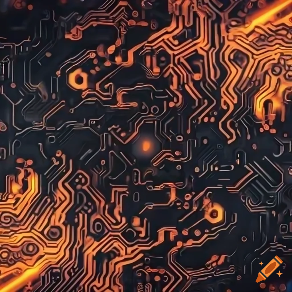 Abstract artwork of black and glowing orange circuit boards on Craiyon
