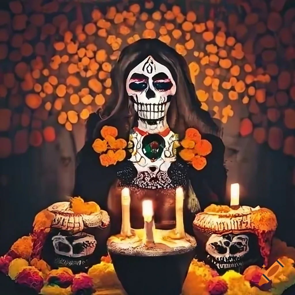 altar de dia de muertos with black and orange beer