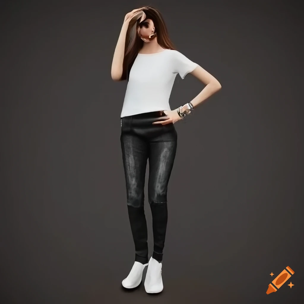 Front View Of Young Woman In Black Jeans, White Shirt And High Heels Stock  Photo, Picture and Royalty Free Image. Image 92724662.
