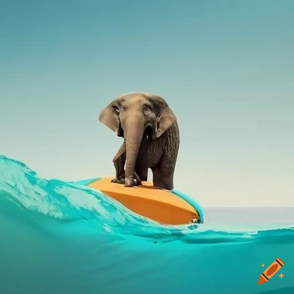 Elephant surfing in a purple ocean under a green sky on Craiyon