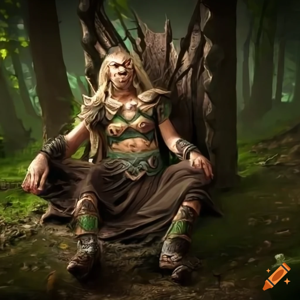 evil druid sitting on a throne in the woods
