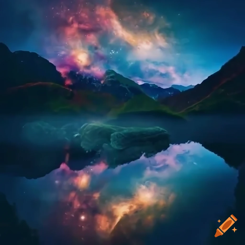 Colorful huts reflected in a pond with a mountain and galaxy view