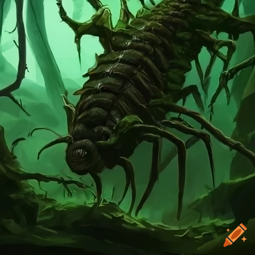 Fantasy art of a large green insect in a dark forest on Craiyon