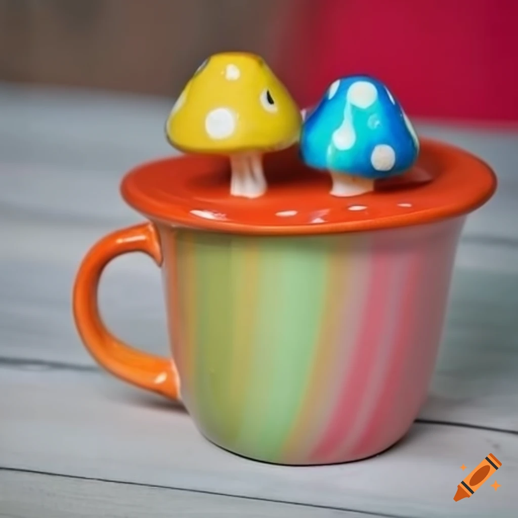 colorful mushroom shaped mug on a table