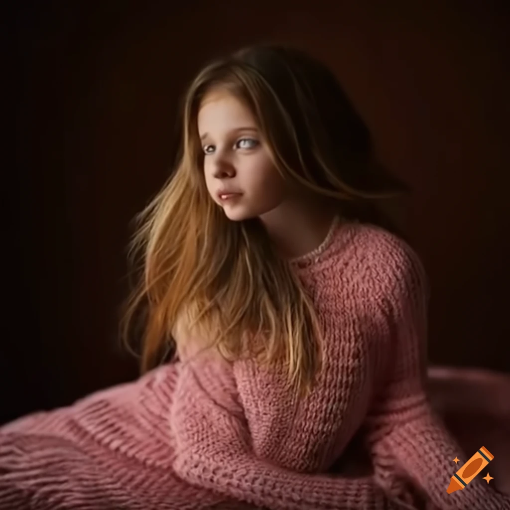 Girl in knitted dress on a bed
