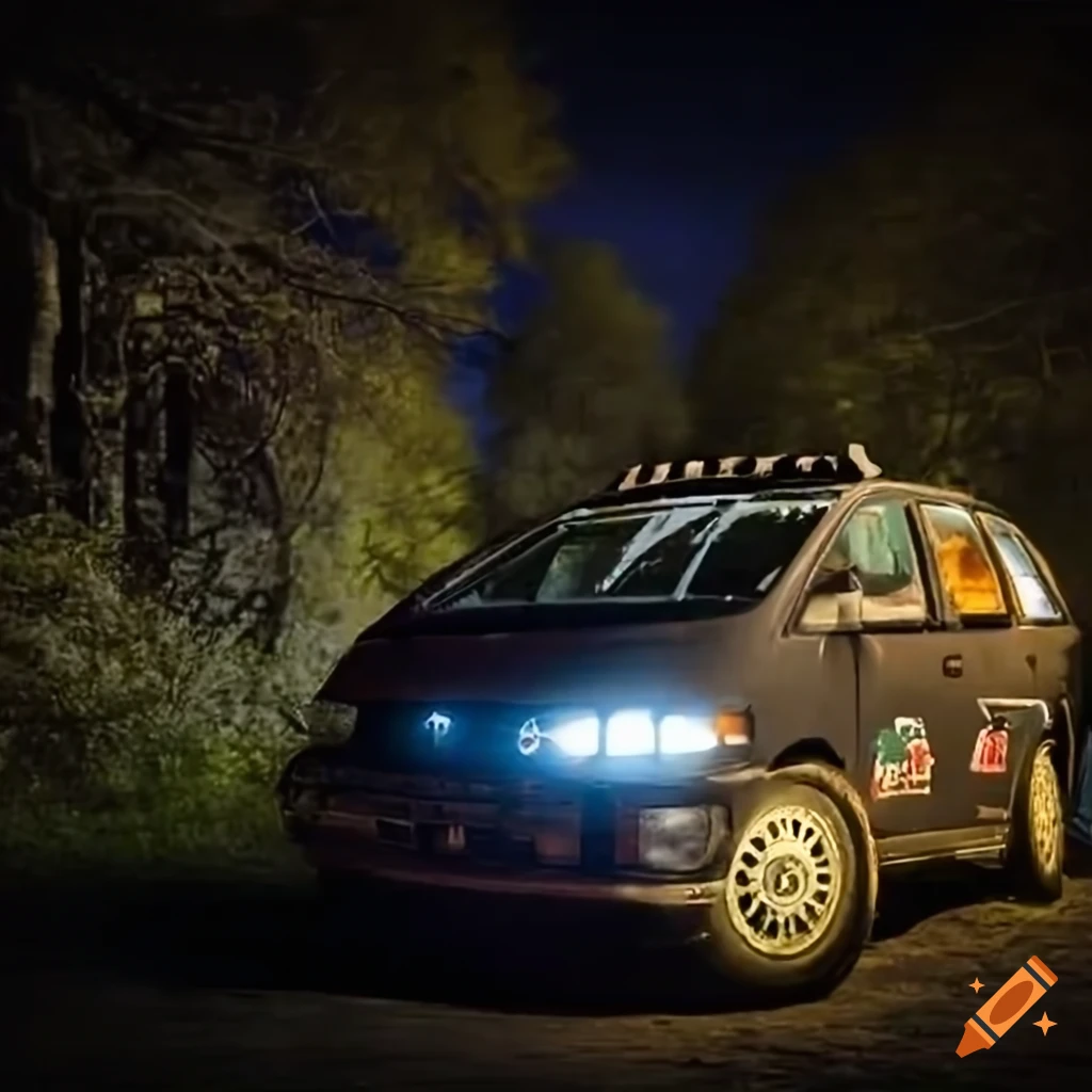 action shot of a gothic painted rally car at night