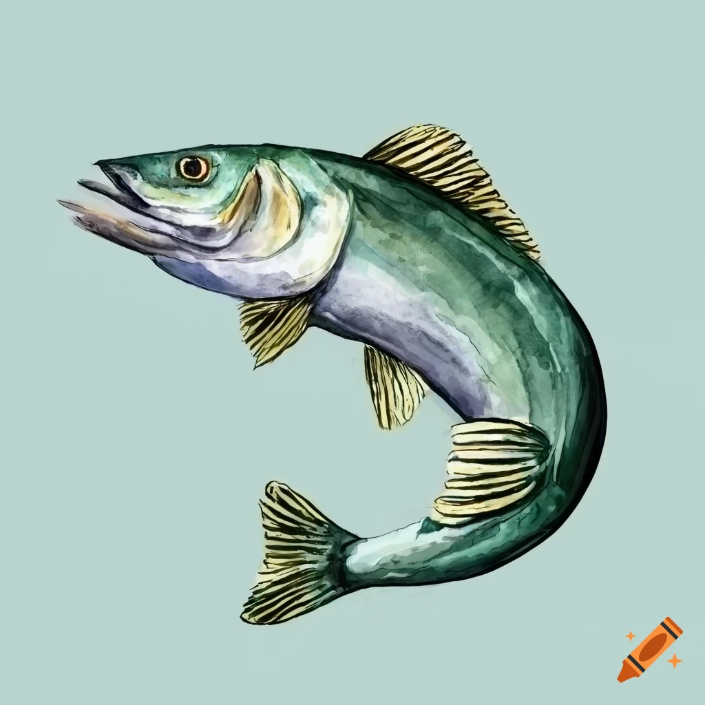 Hand-drawn watercolor illustration of a walleye fish on Craiyon