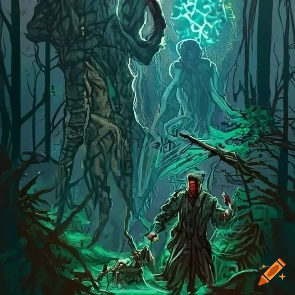 comic book art of a survivalist in a dark forest