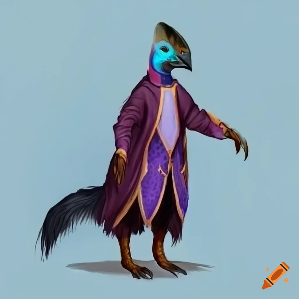 anthropomorphic cassowary in priestly robes