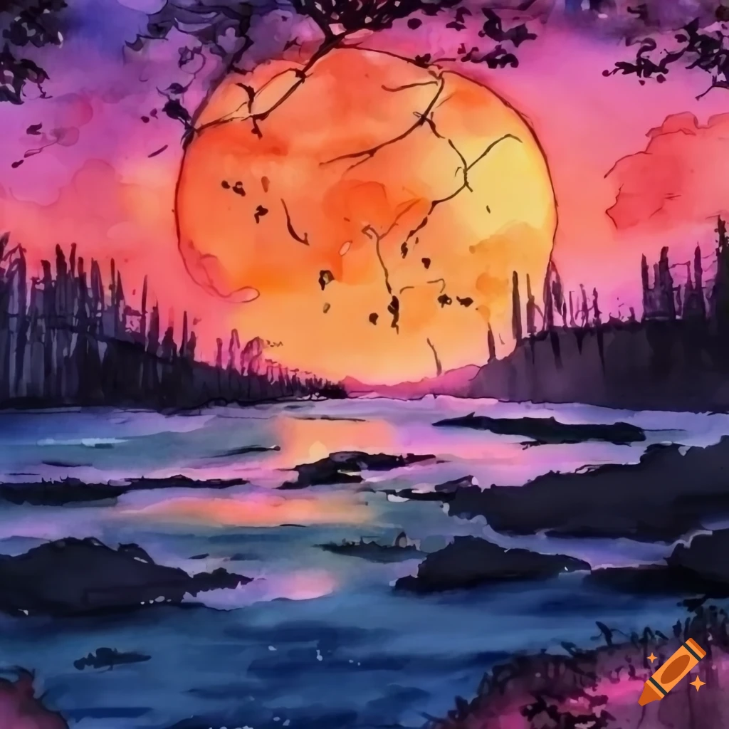 watercolour sunset with river and flowers