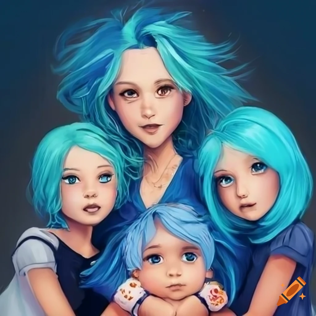 Family with vibrant blue hair