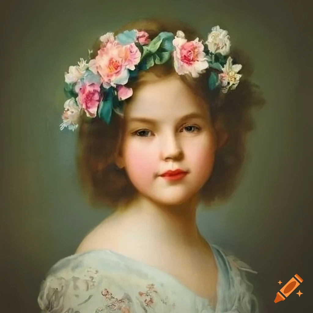 Portrait of a young girl with a floral crown on Craiyon