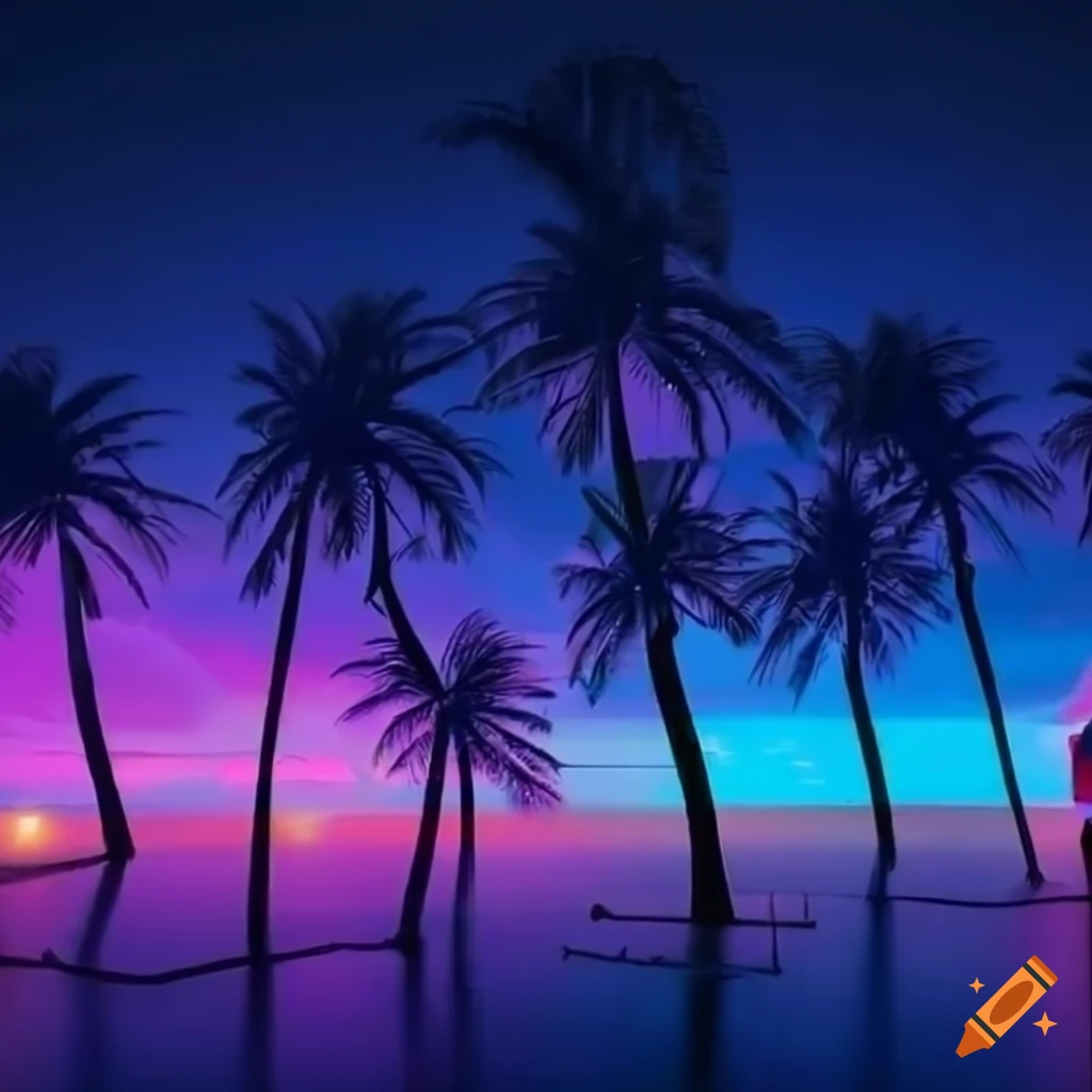futuristic beach with palm trees and neon lights