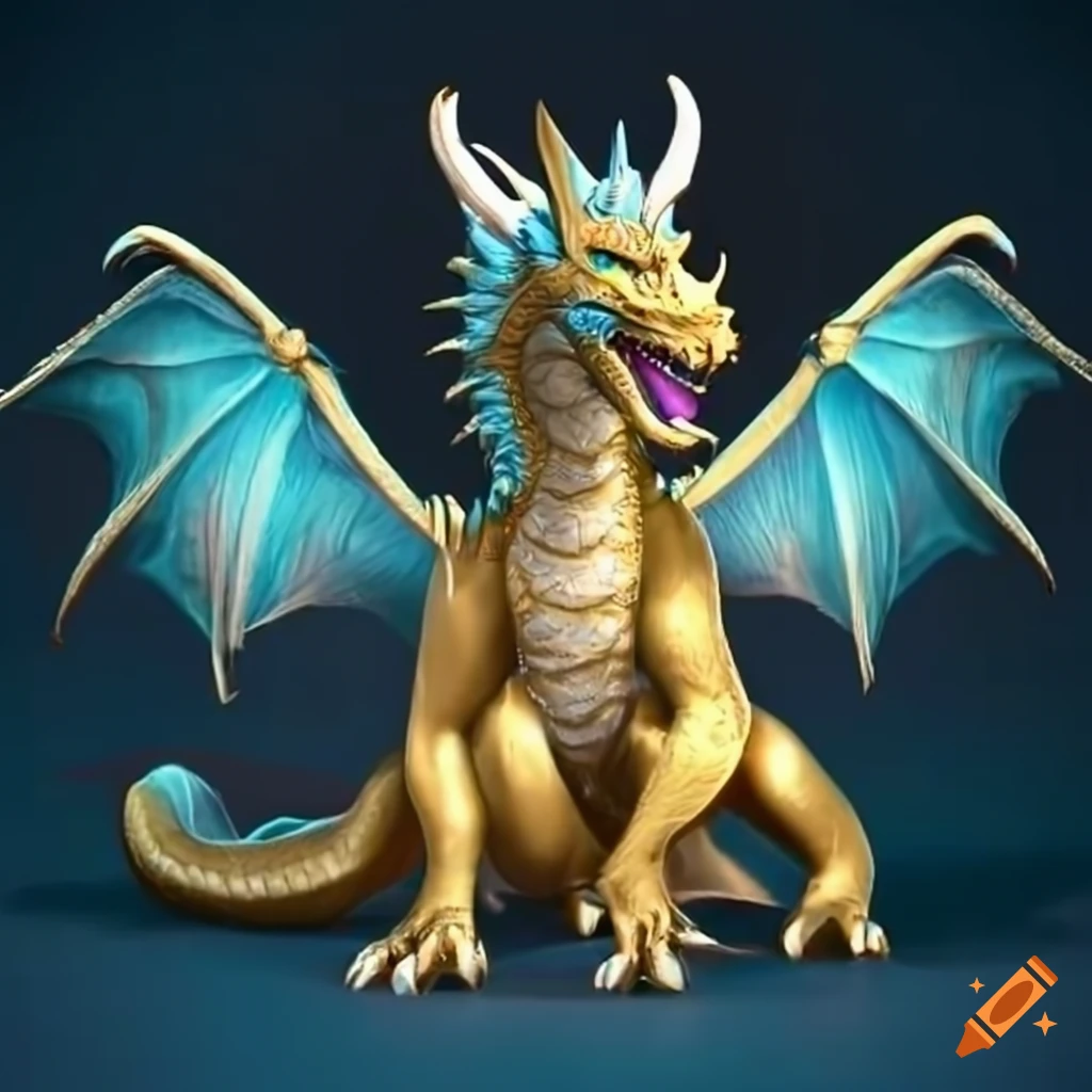 digital art of an anthro gold dragon with light blue wings and ivory colored horns