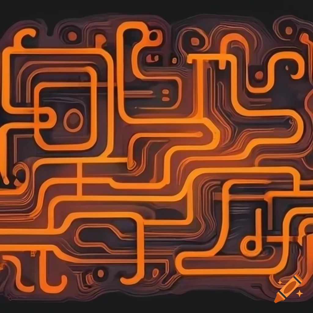 Abstract artwork of glowing orange circuit boards