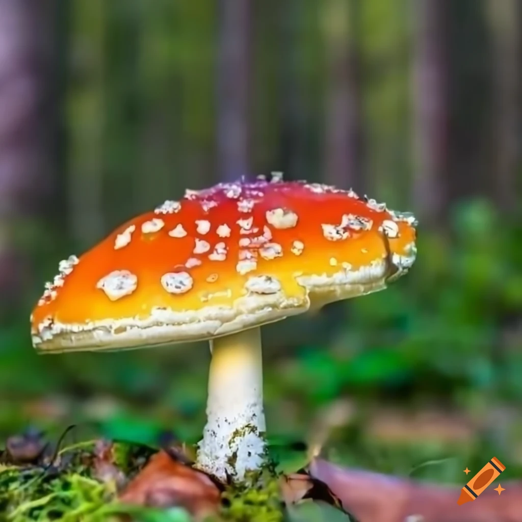 Dew-covered amanita mushroom in the forest