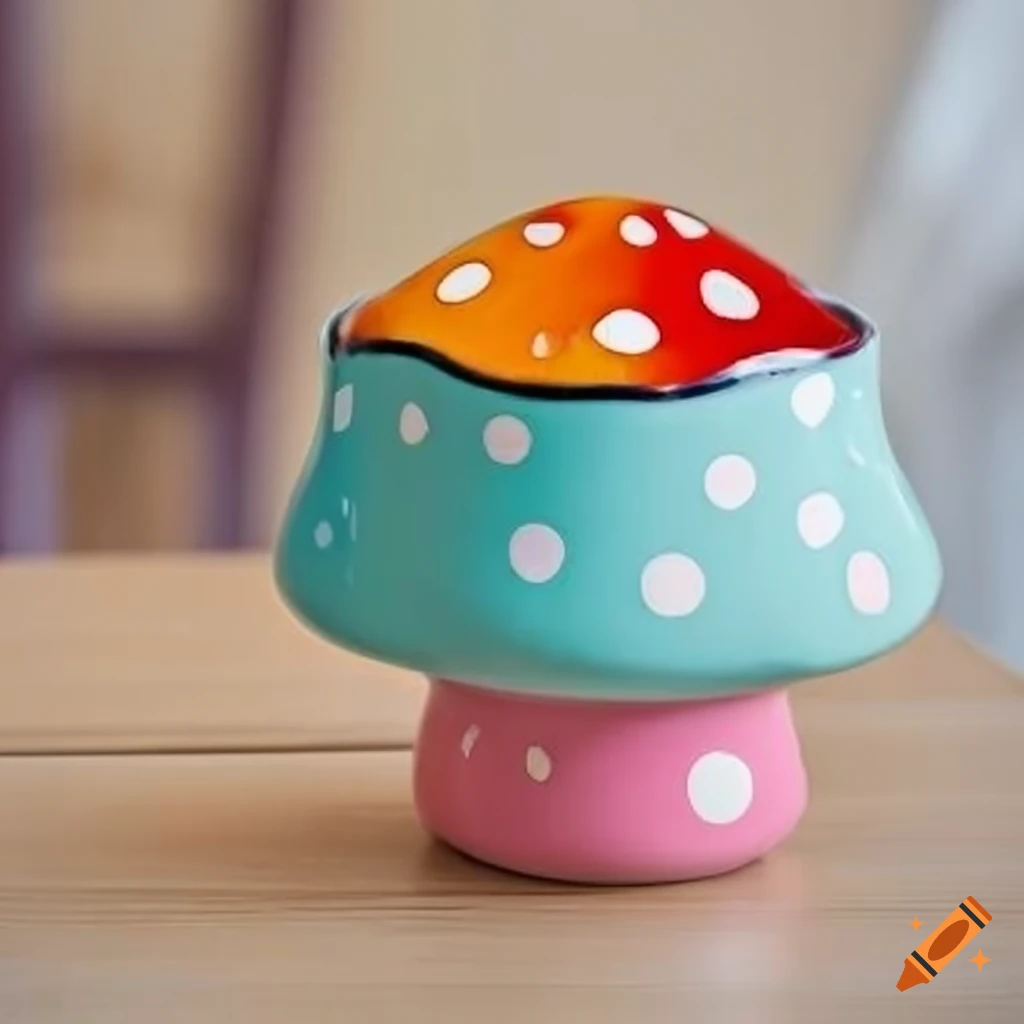 Colourful mushroom shaped mug on a table on Craiyon