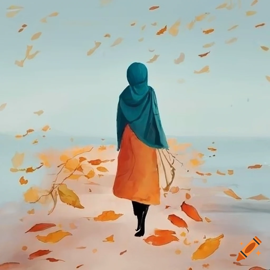 watercolor painting of a girl with hijab walking through autumn leaves