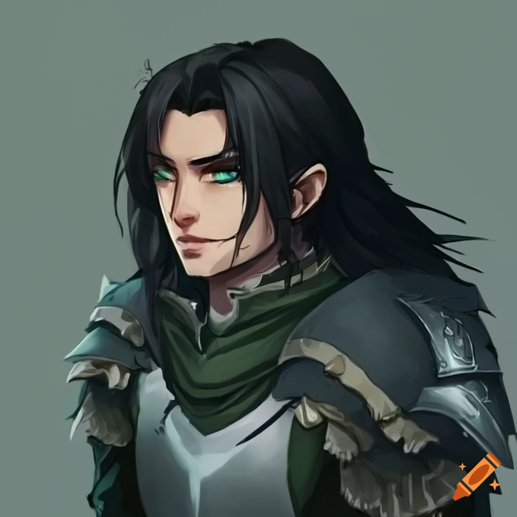 Portrait of a young noble paladin with black hair and green eyes