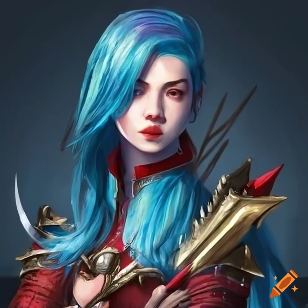 Female Warrior In Medieval Armor With Blue Hair And Spear 9739