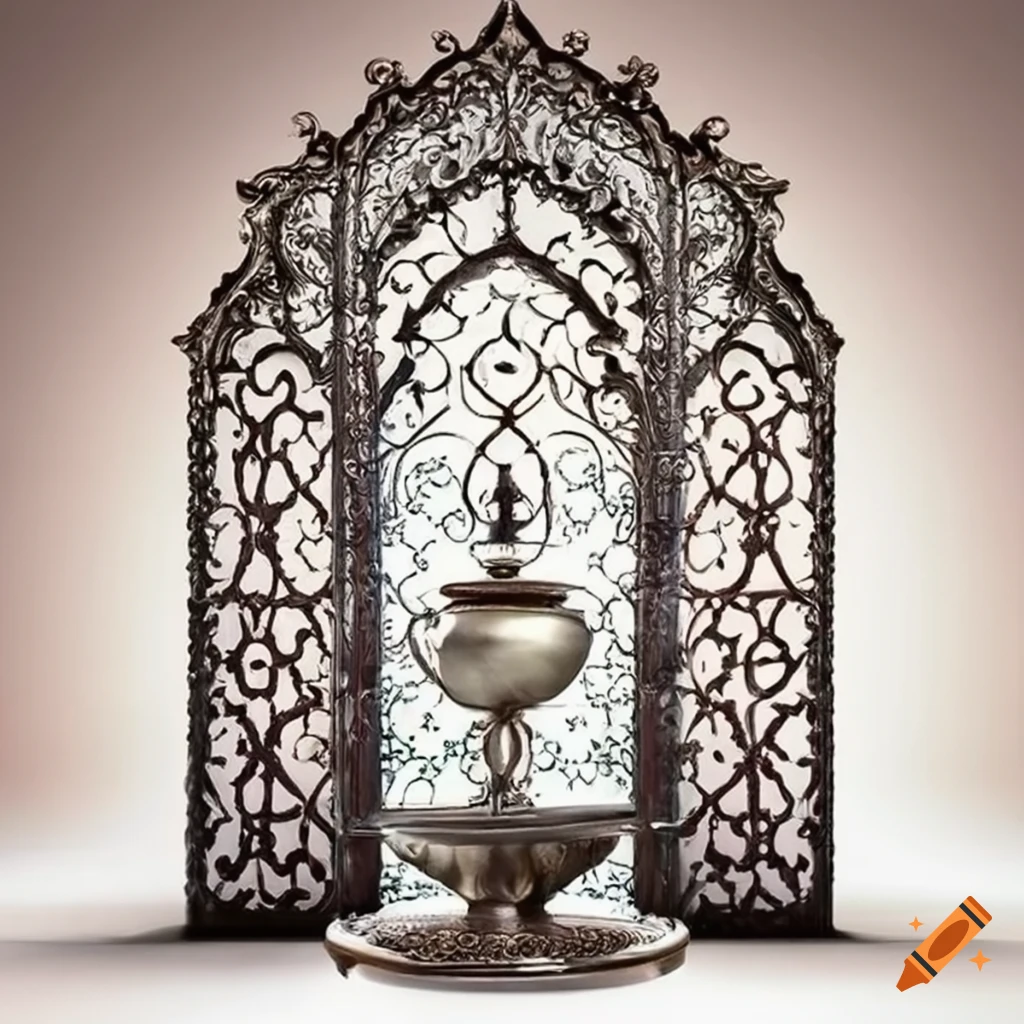silver ornamental Islamic balcony with a fountain