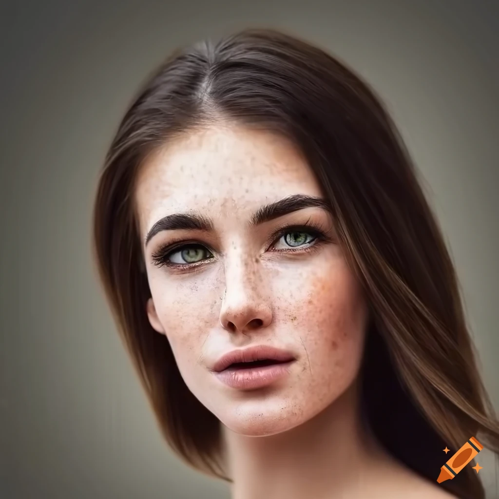 Portrait of a beautiful young woman with freckles and dark brown hair ...