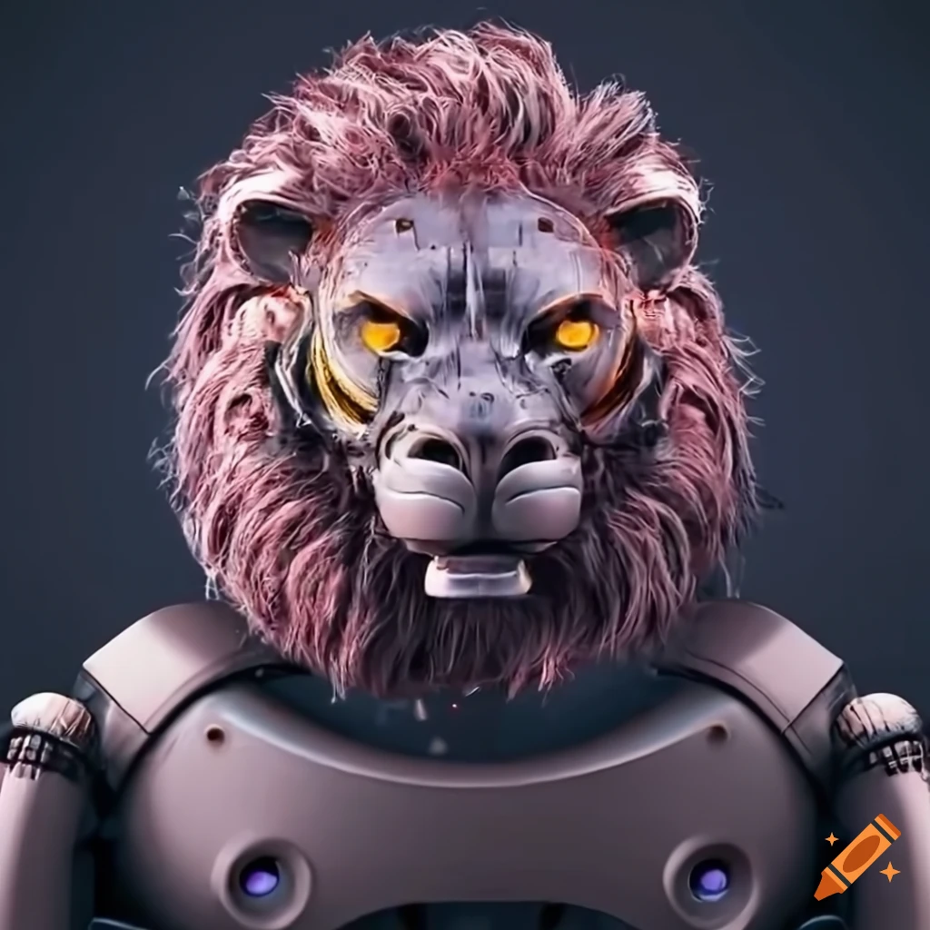 dystopian robot with lion head in a prison