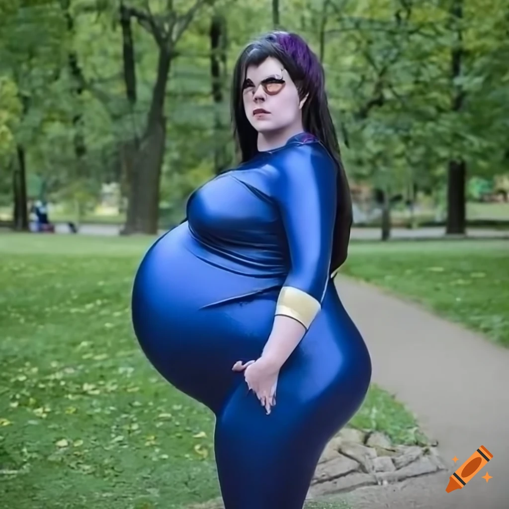 Pregnant raven cosplay in shiny spandex costume on Craiyon