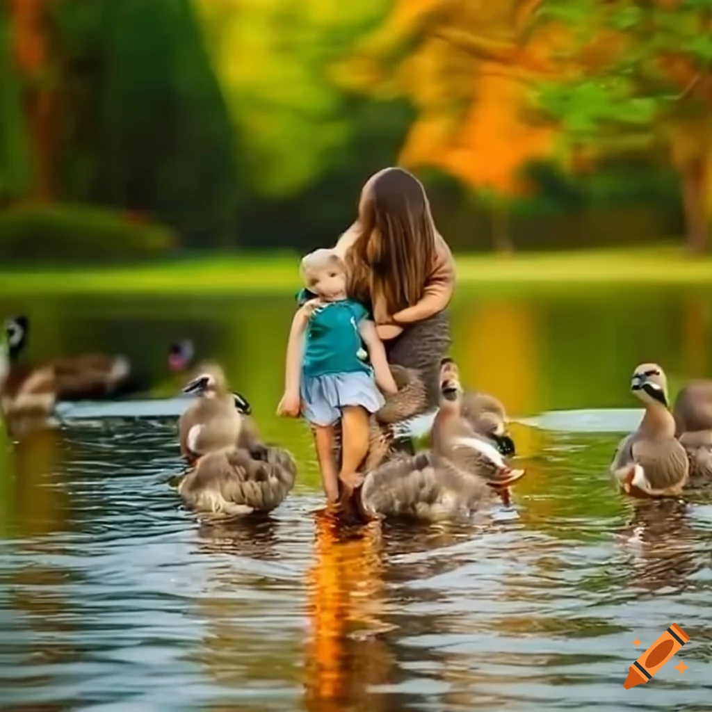 family of ducks playing by the pond in the park
