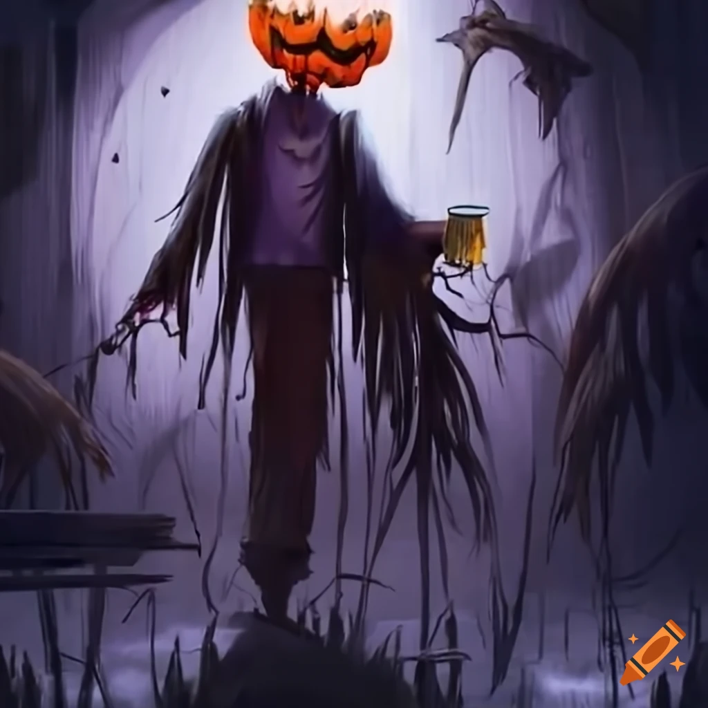 scary scarecrow with pumpkin head holding a glass of beer