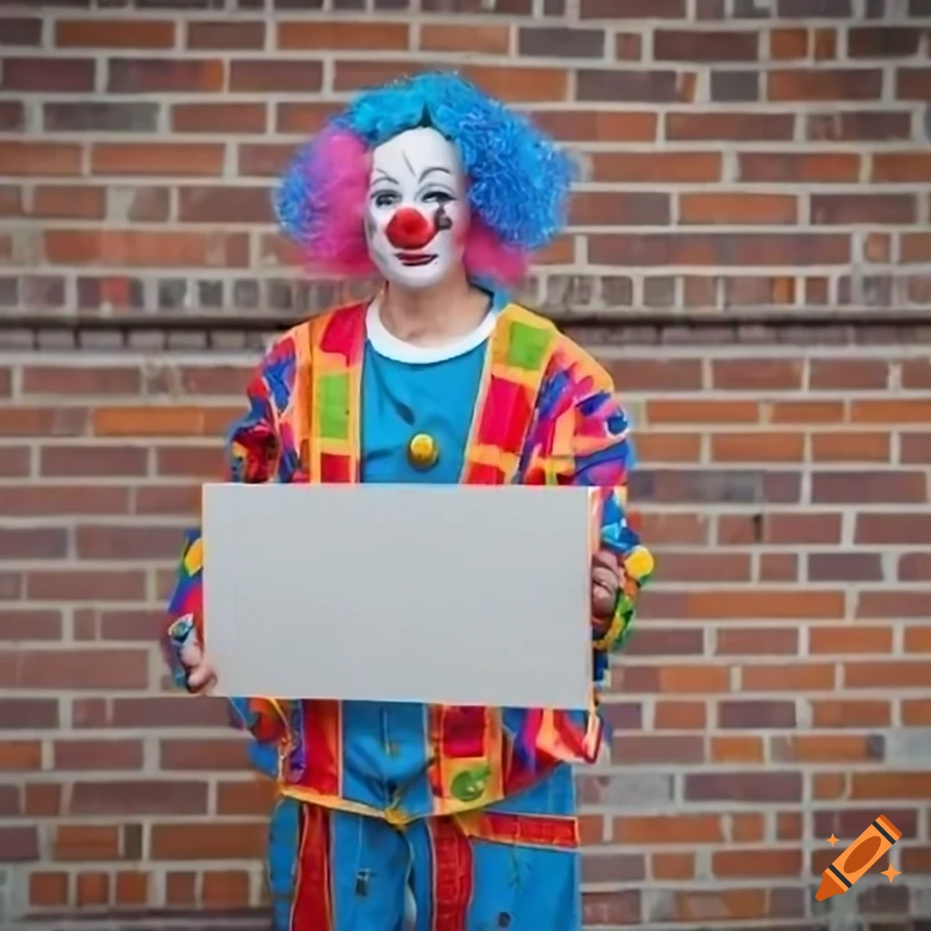 clown holding a sign outside a bank
