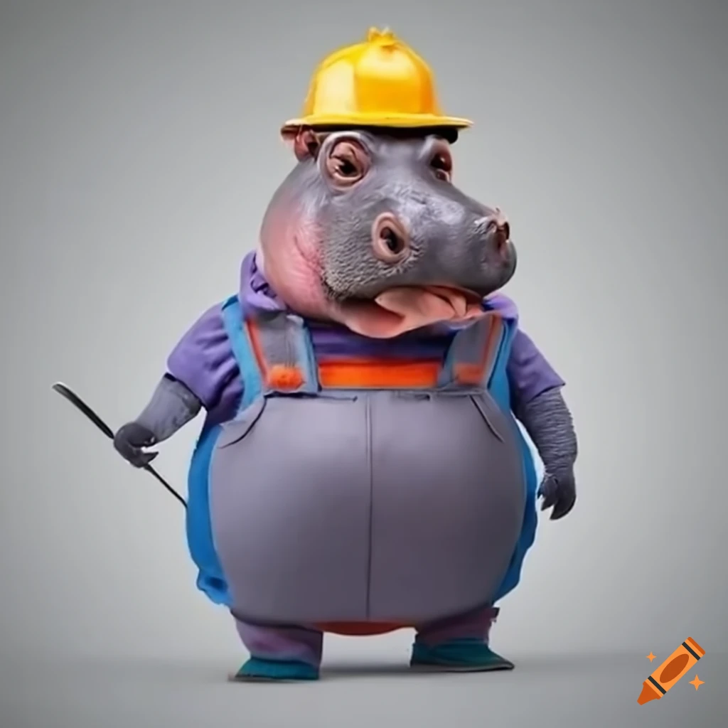 grey-haired hippo dressed as a handyman