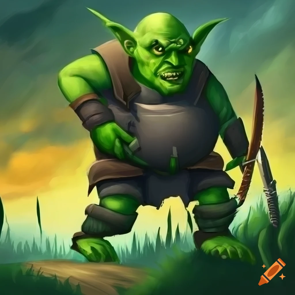Painting of a serious green-skinned goblin ranger on Craiyon