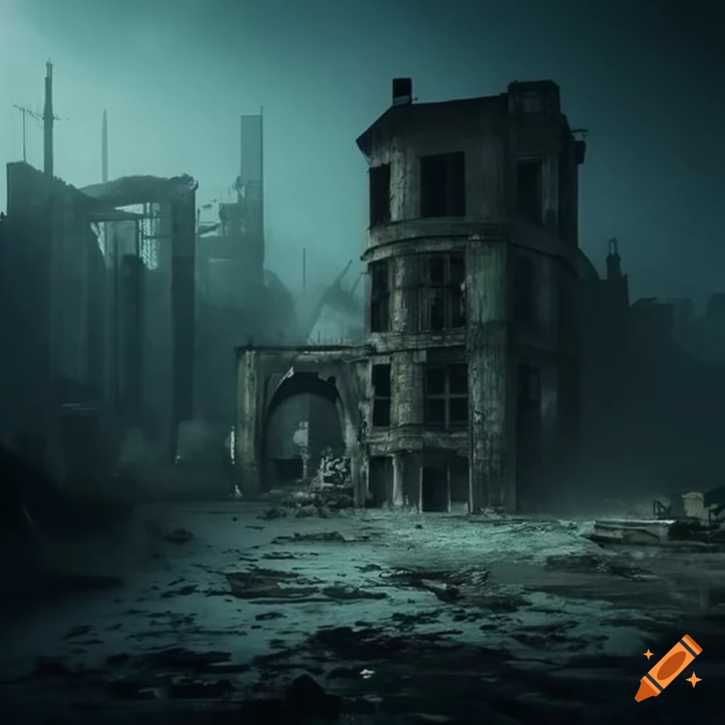 Haunting artwork of a decaying industrial complex