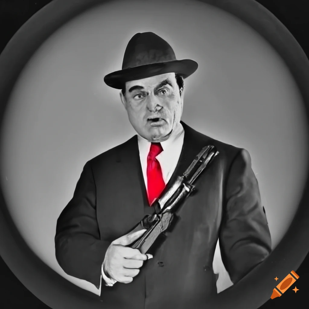 black and white portrait of a mafia man with a red tie and a gun