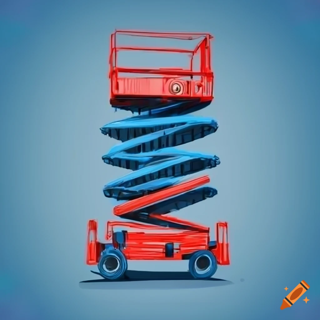 Blue and red drawing of a scissor lift on white background on Craiyon