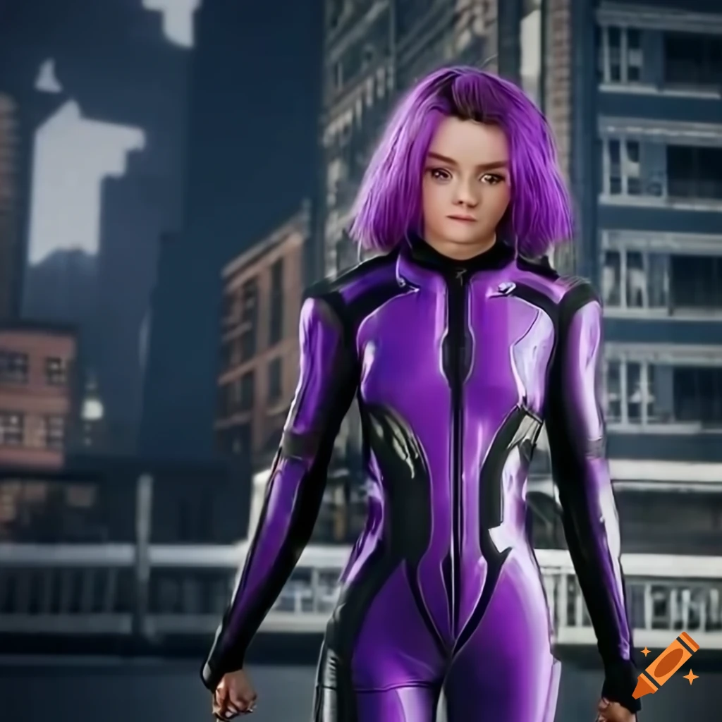 Image of maisie williams in sci-fi outfit walking in futuristic