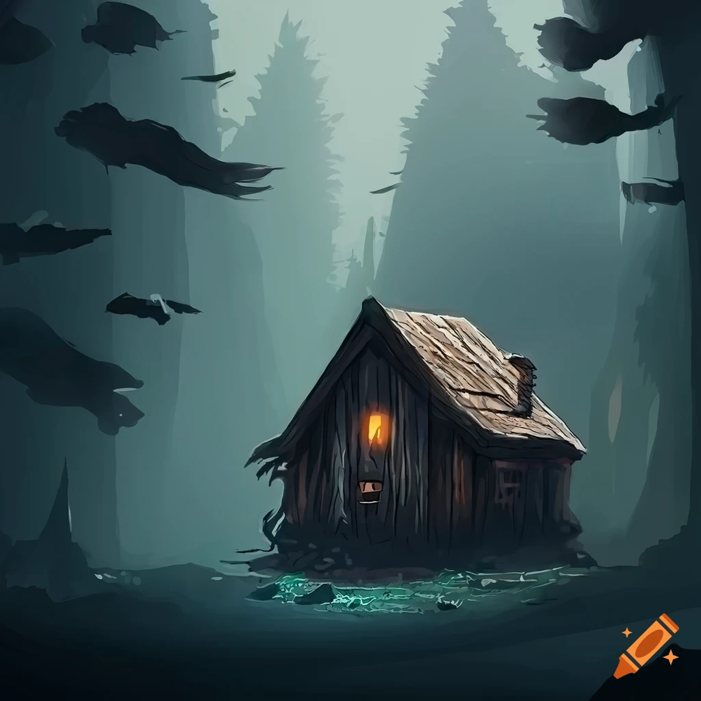 Detailed illustration of a medieval wooden house in a dark forest at night