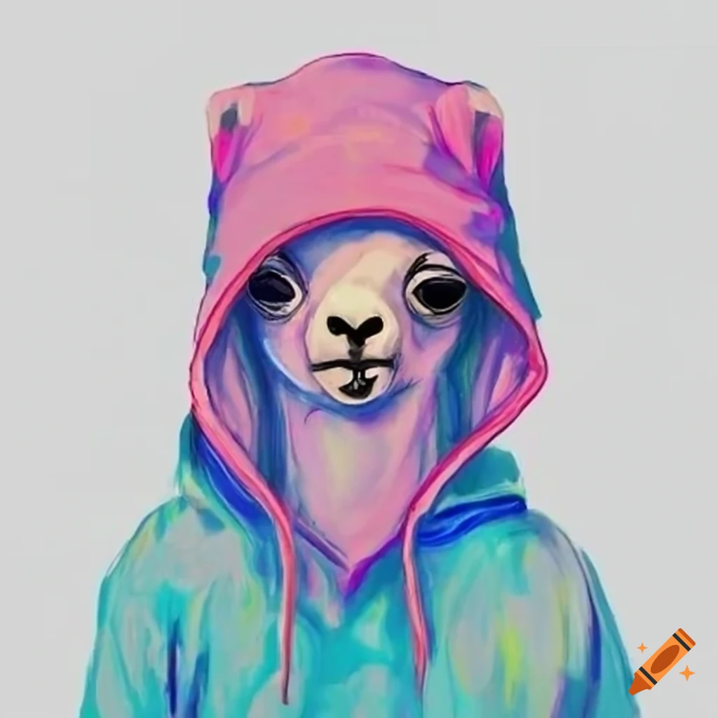 pastel-colored llama humanoid wearing a hoodie
