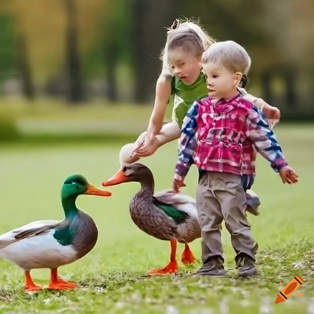 Children playing with ducks by the pond on Craiyon