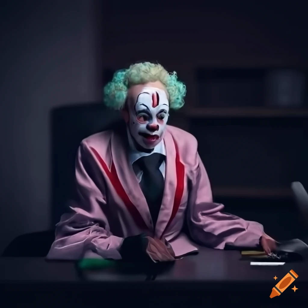 image of a lonely clown in a dimly lit office