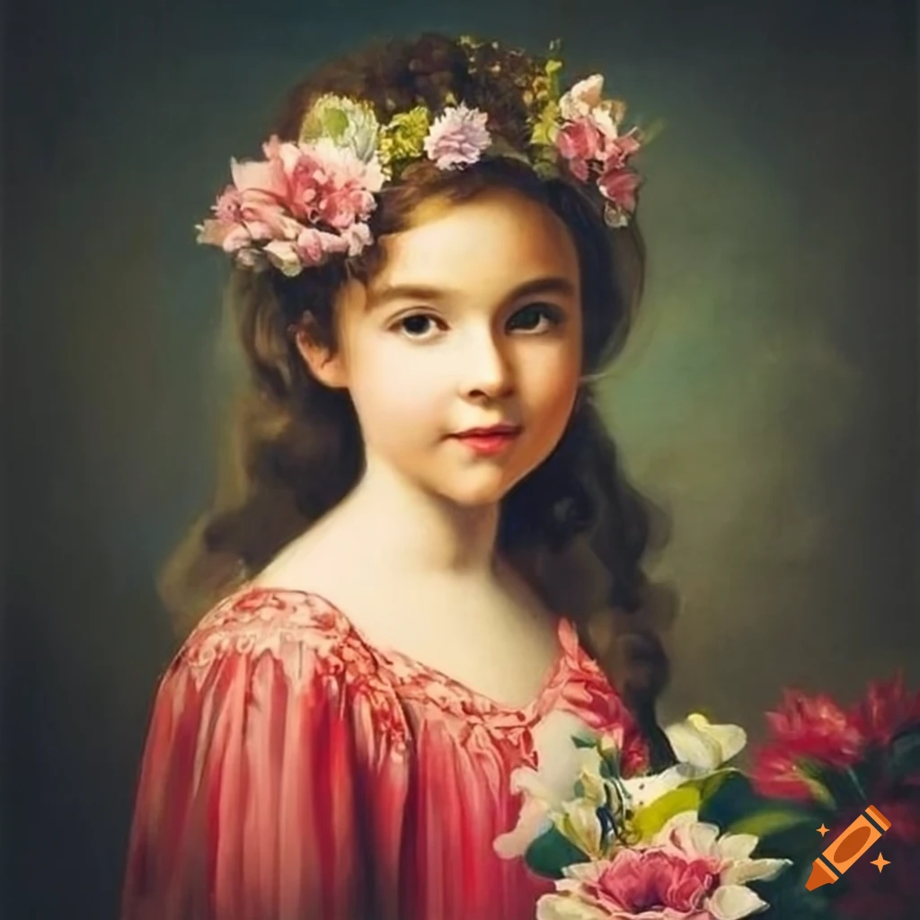 Portrait of a young girl with a floral crown on Craiyon